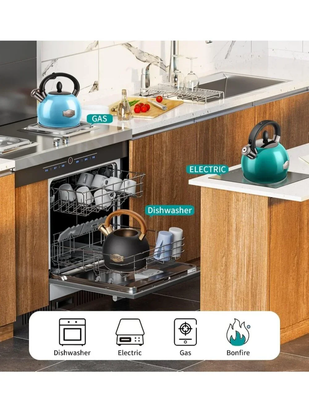 Black Kitchen Whistling Teakettle 2.64 Quart Stainless Steel Stovetop Induction
